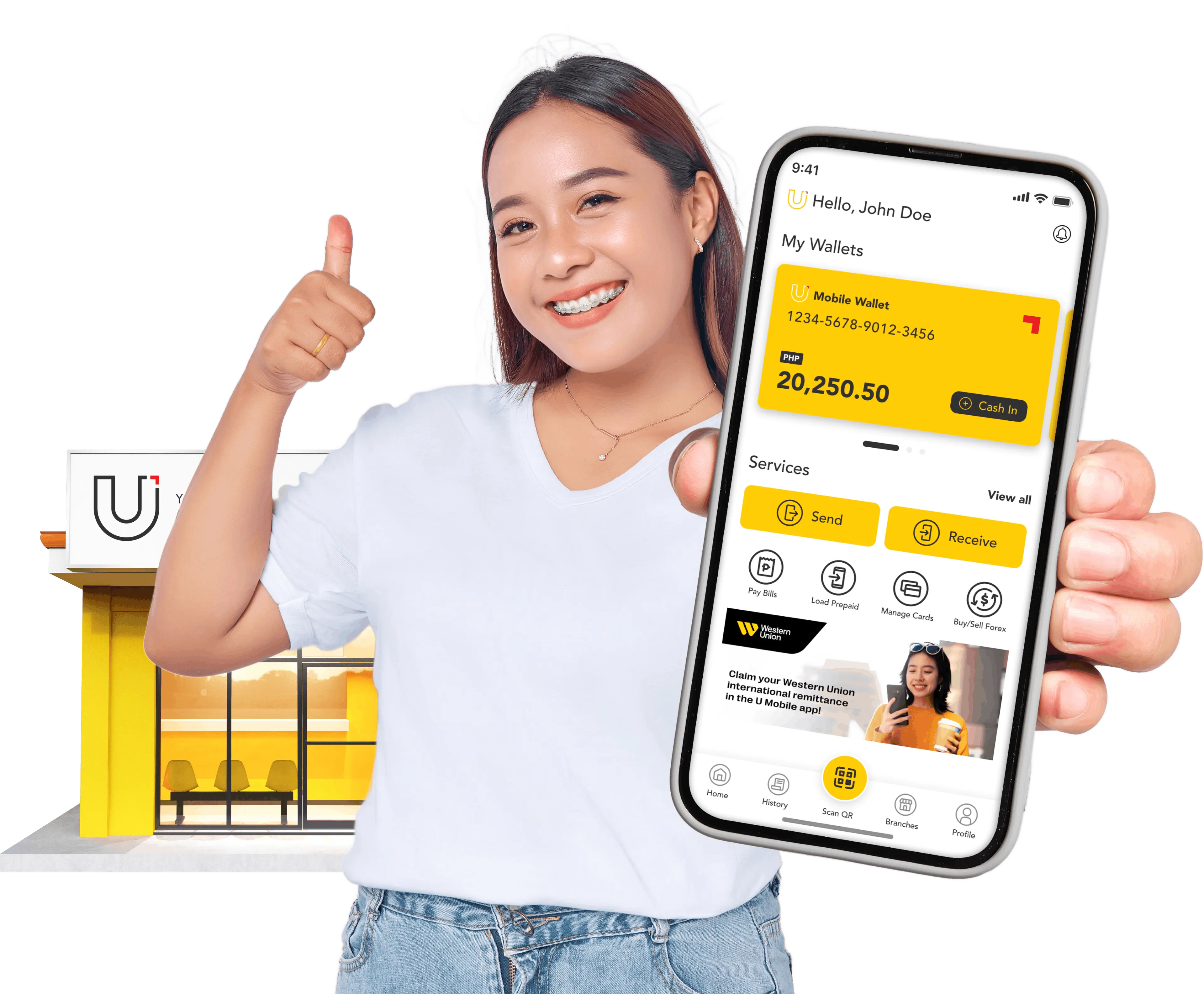 A young lady holding a cellphone with the U Mobile App on its screen while also making an OK sign on her other hand, with a U Store branch behind her.