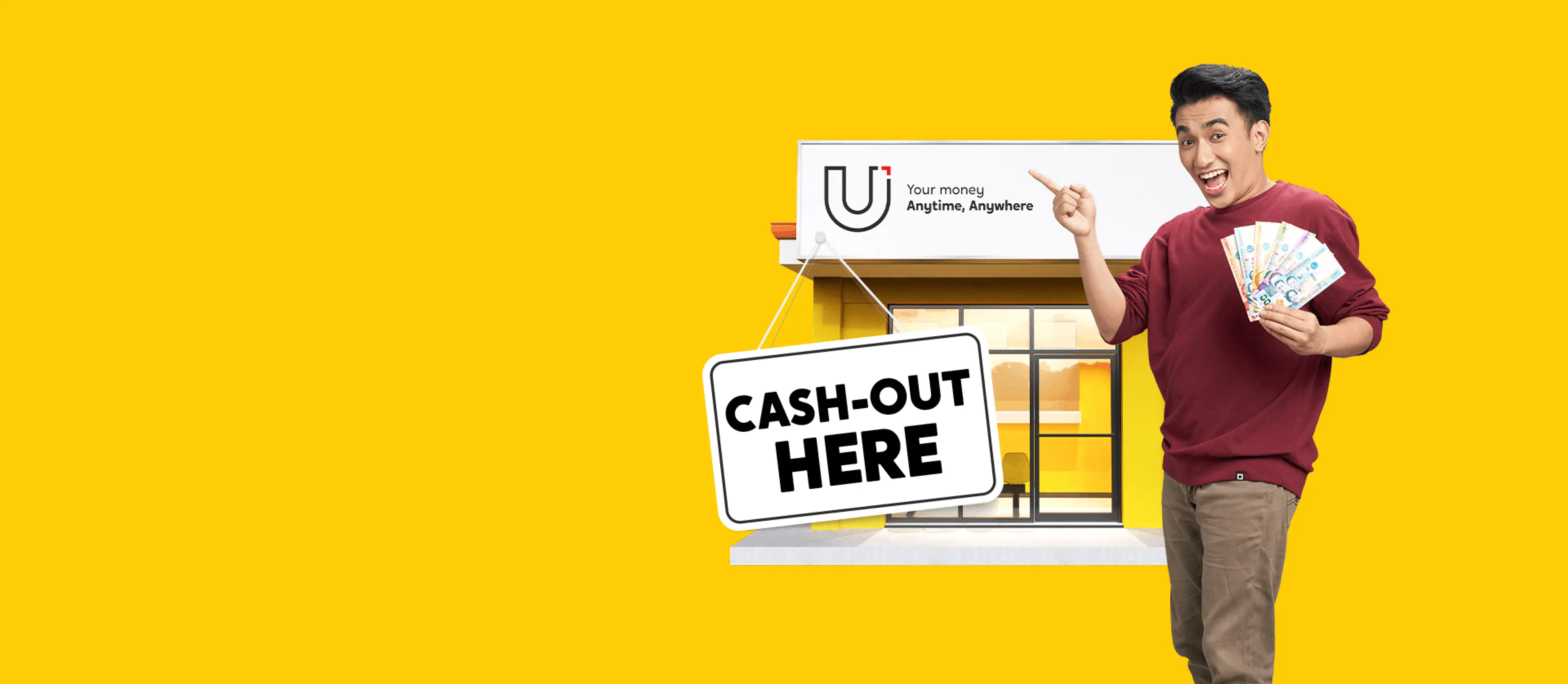 A man holding a phone standing in front of a U Store with the sign Cash-out Here