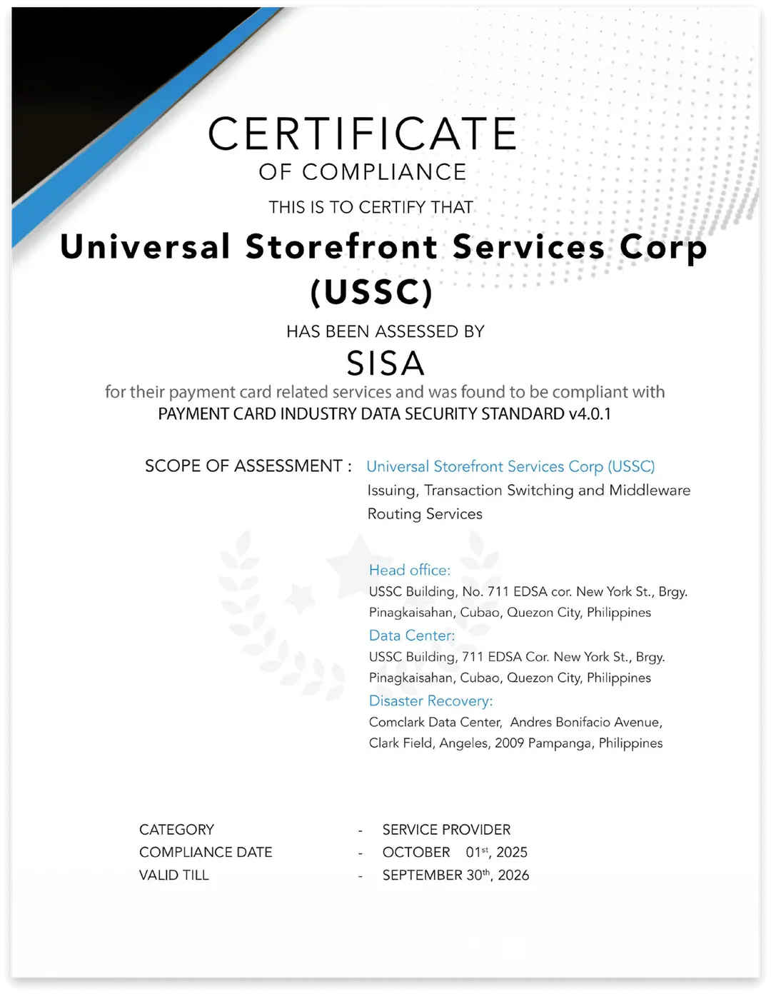 PCI DSS Compliance Certificate