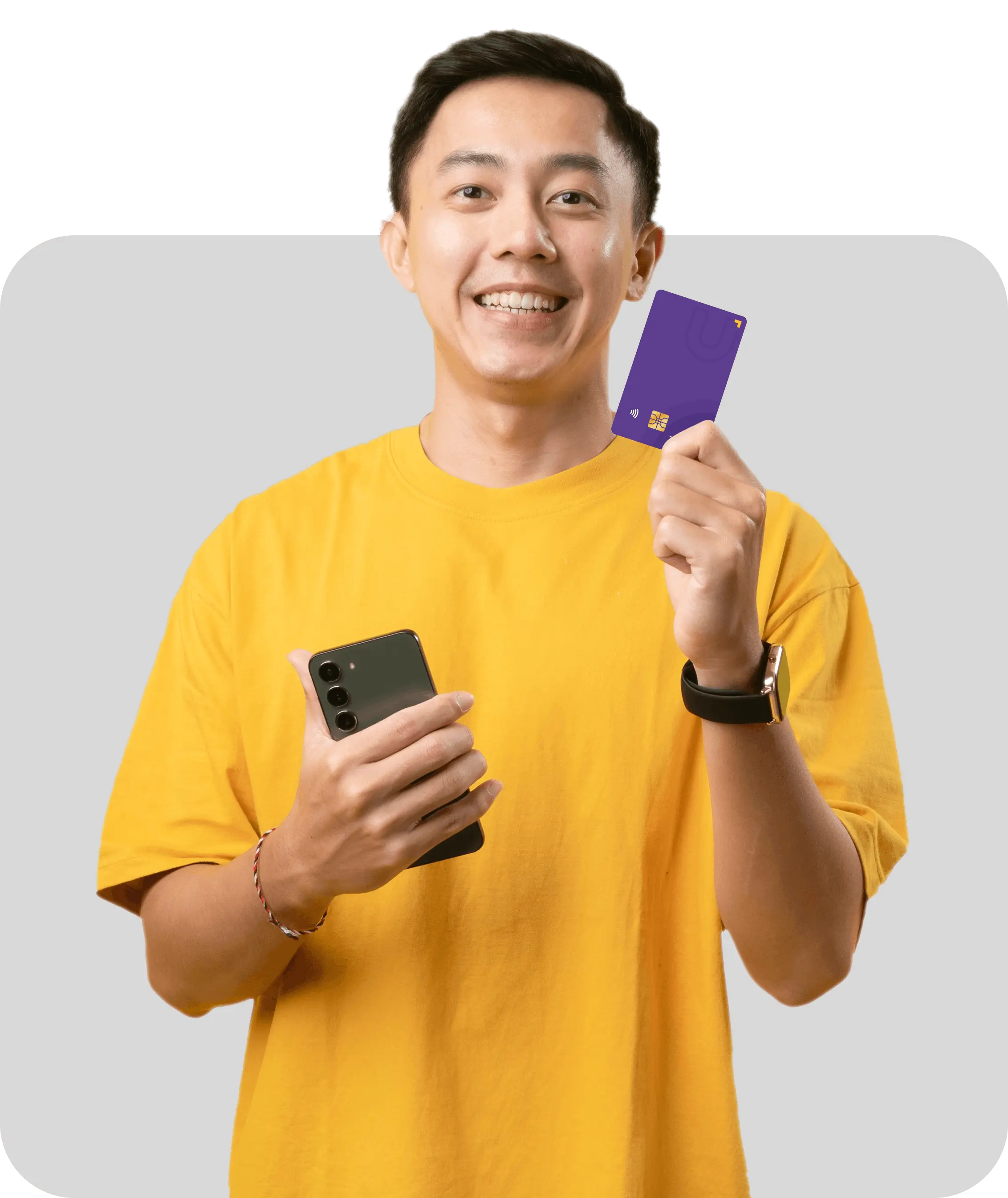 Man holding u visa card and mobile phone