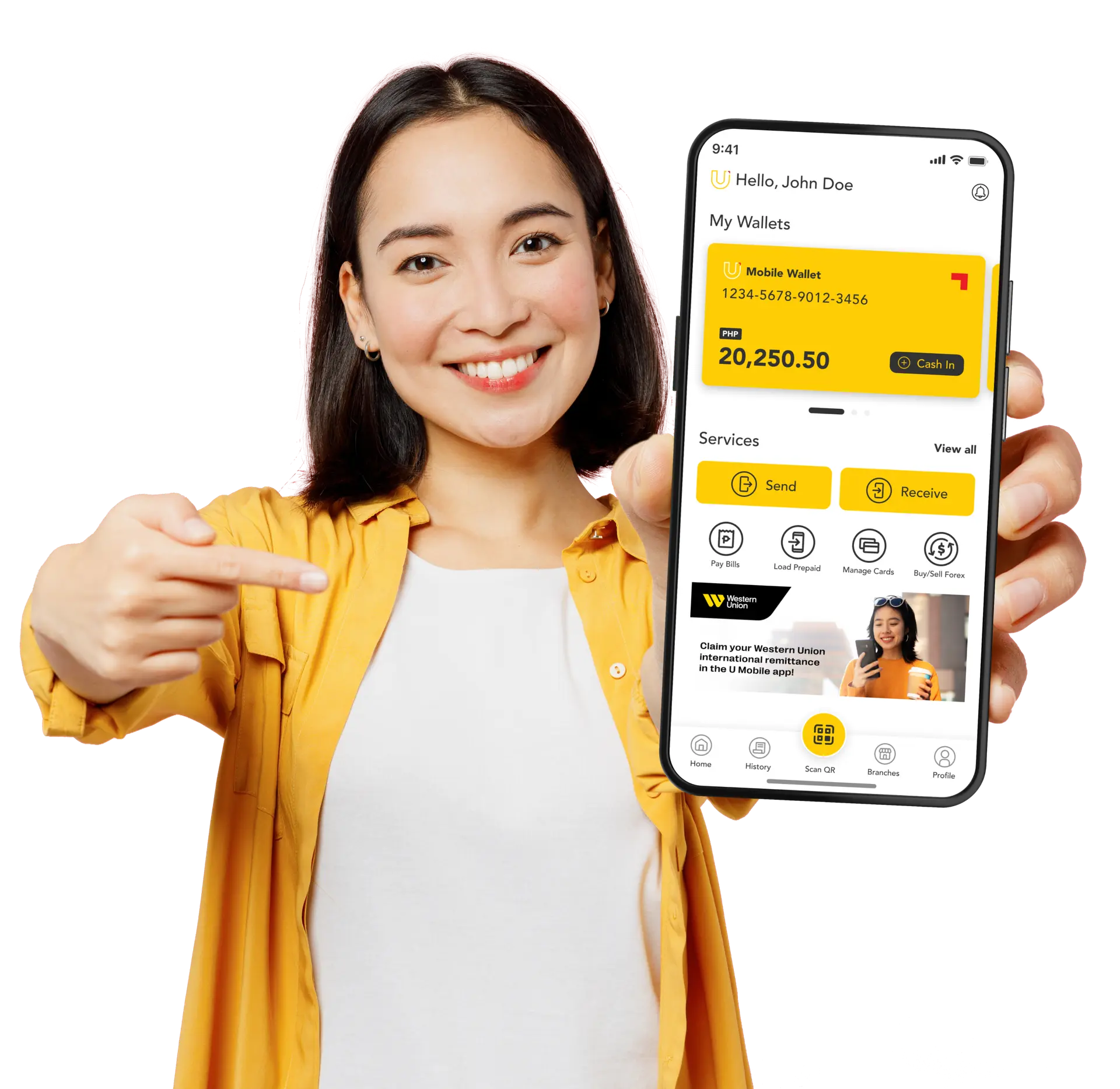 Woman holding smartphone showing money transfer app