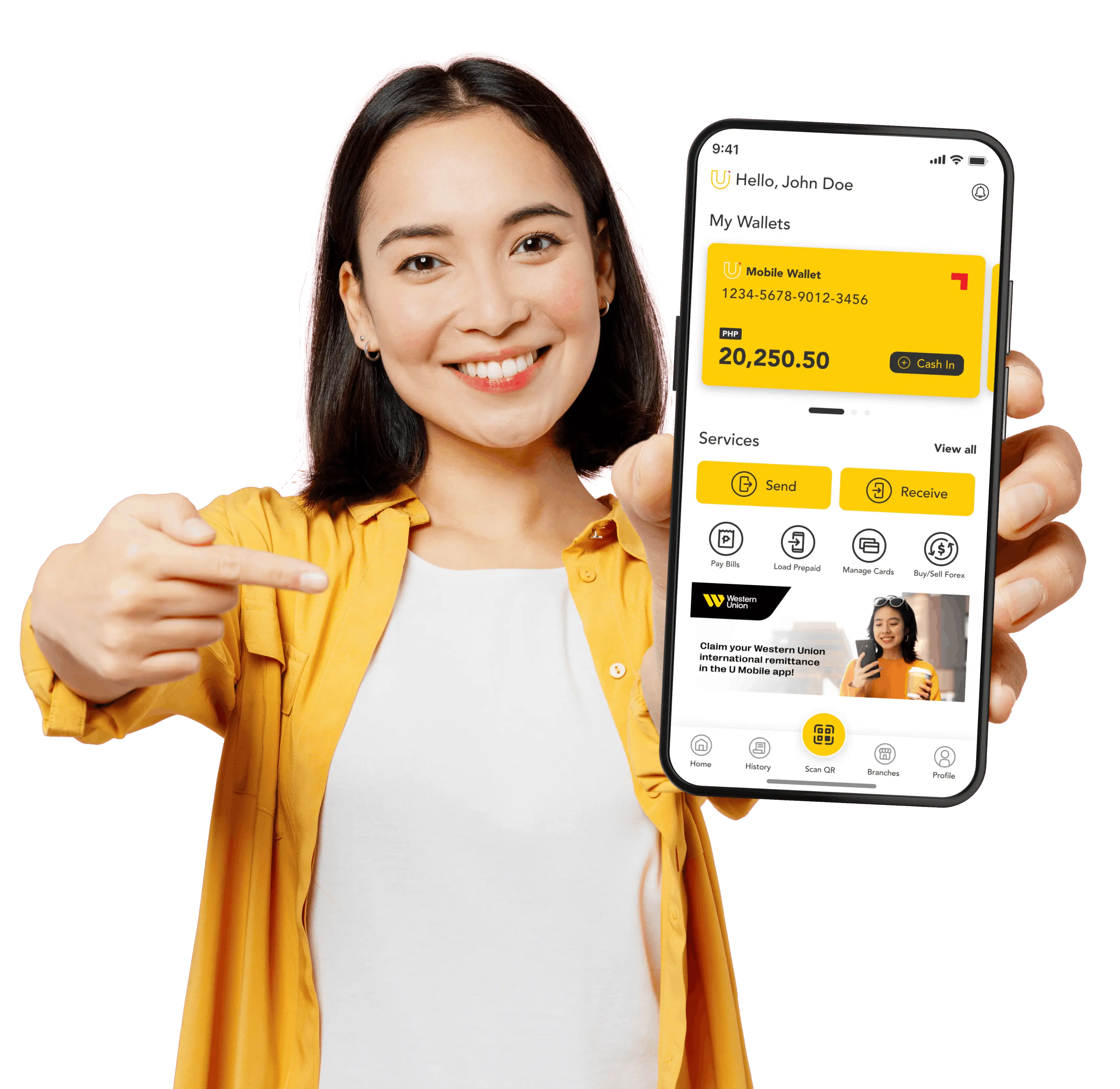 Woman holding smartphone showing money transfer app