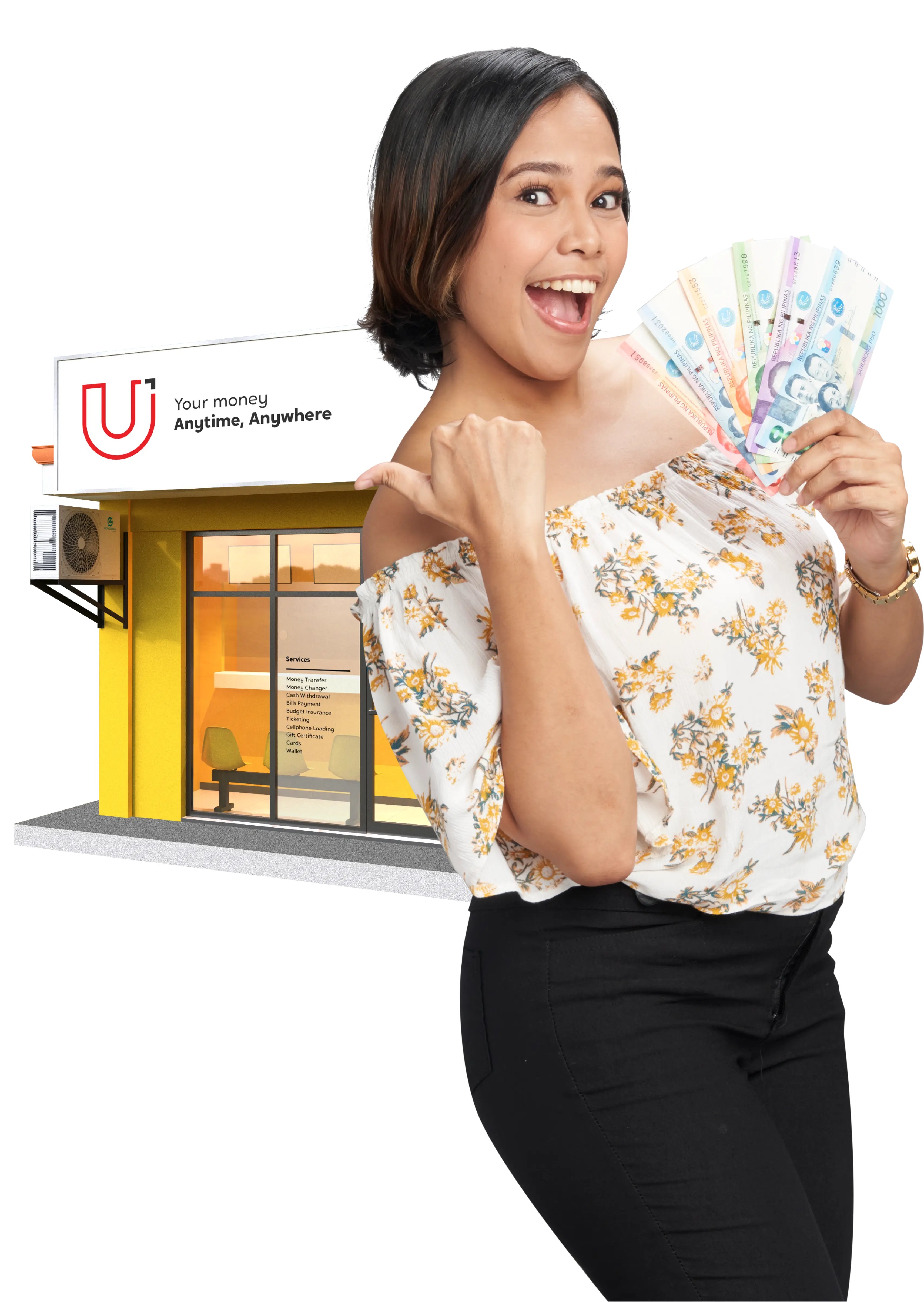 A happy young woman holding several PHP 1,000 in cash while the U Store is visibly behind her