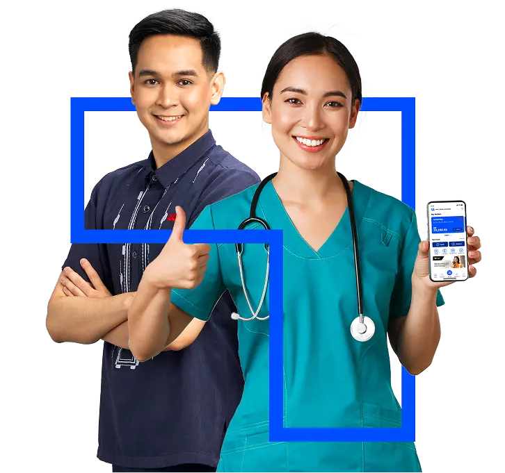 A male teacher and a female nurse confidently posing, with the latter holding up a cellphone with the homepage of the U Money App displayed on it while making an OK sign on her other hand