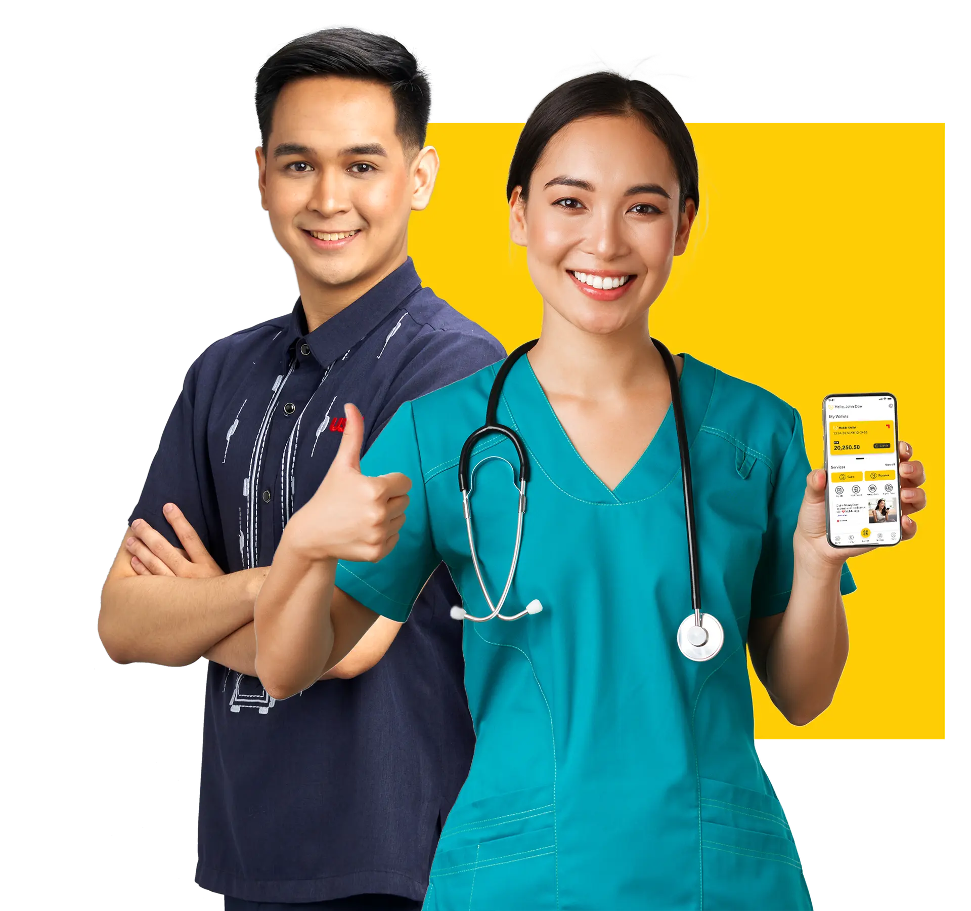 A male teacher and a female nurse confidently posing, with the latter holding up a cellphone with the homepage of the U Mobile App displayed on it while making an OK sign on her other hand