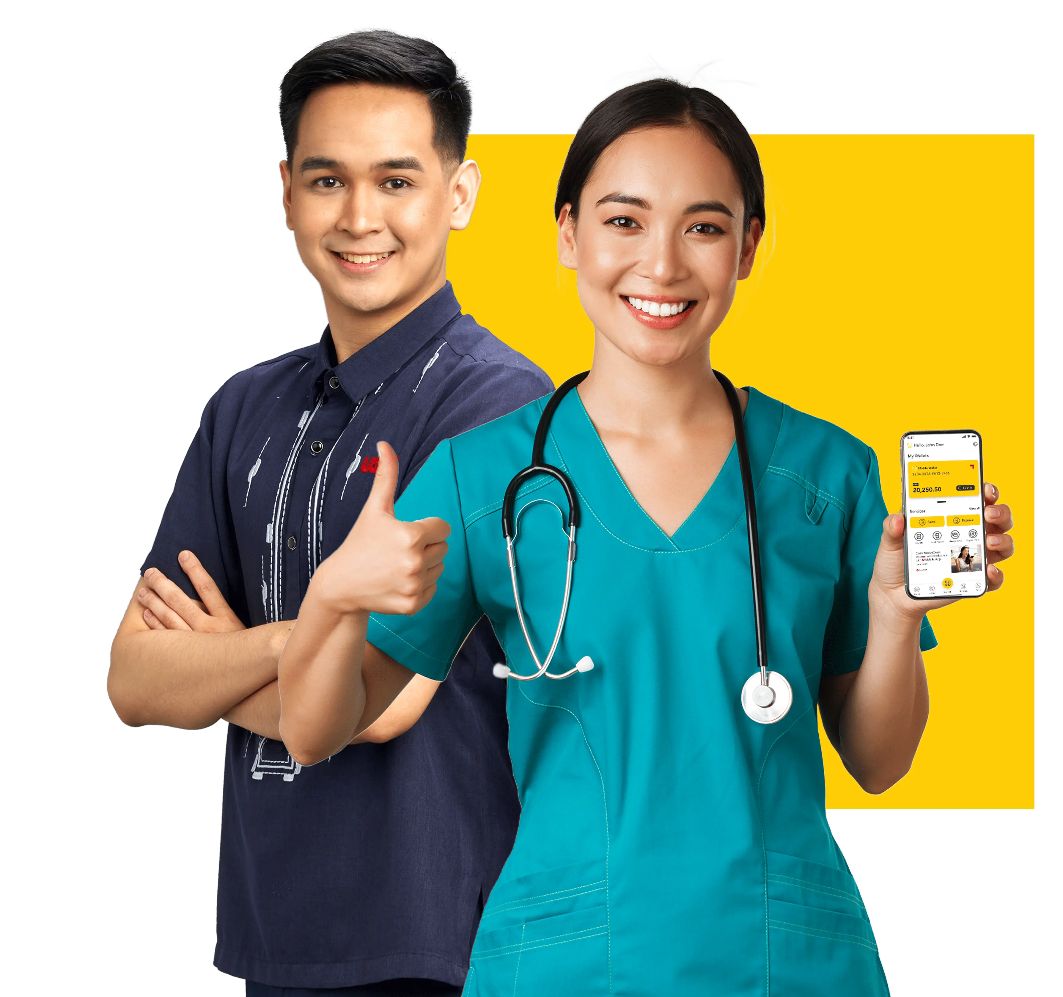 A male teacher and a female nurse confidently posing, with the latter holding up a cellphone with the homepage of the U Mobile App displayed on it while making an OK sign on her other hand
