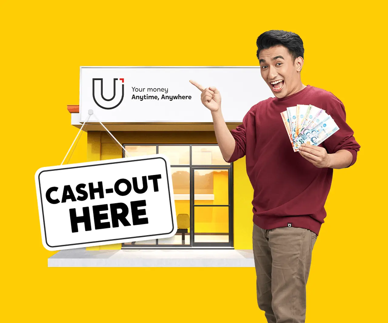A man holding a phone standing in front of a U Store with the sign Cash-out Here