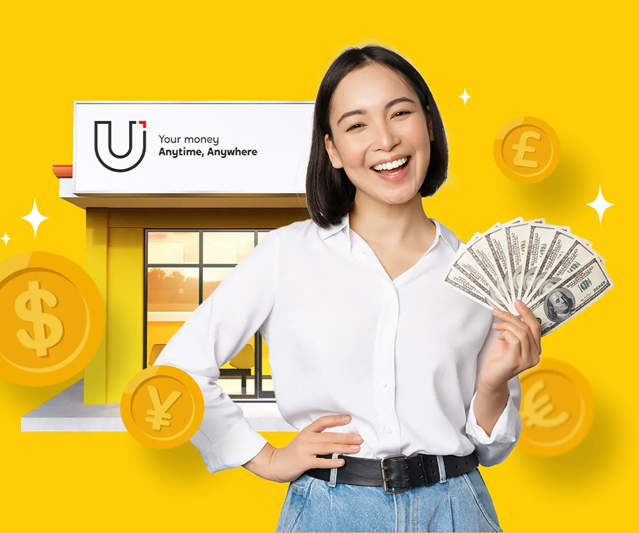 A young woman holding plenty of dollars on her left hand while a U Store is visible behind her.
