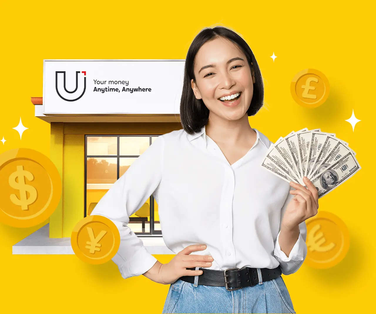 A young woman holding plenty of dollars on her left hand while a U Store is visible behind her.