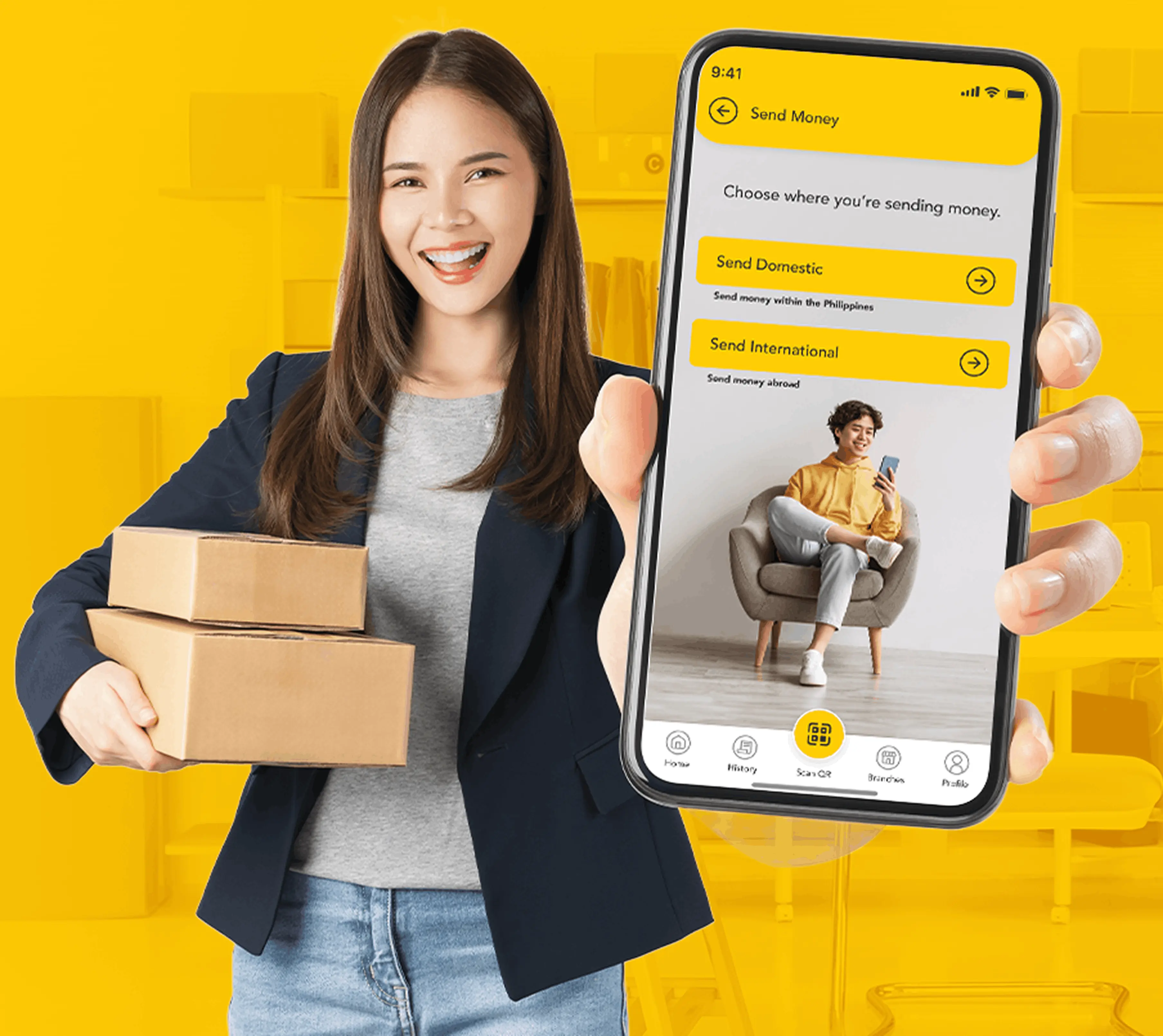 A businesswoman holding packages with a smartphone showing the U Mobile App interface for commercial outbound transfers.