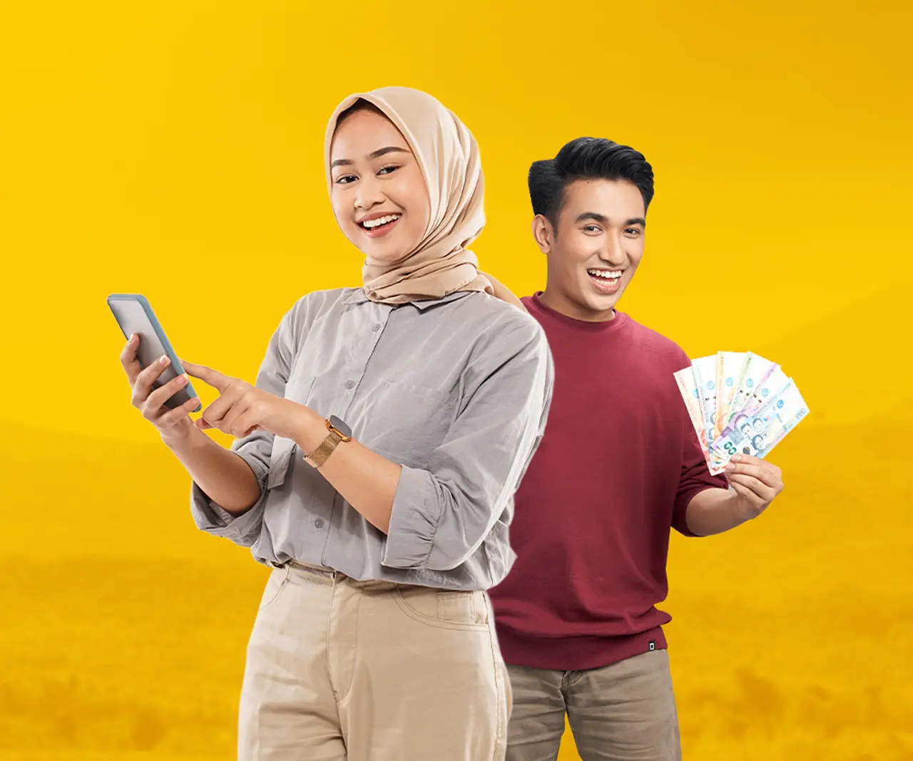 A woman holding a phone standing in front of a U Store with the sign Cash-in Here