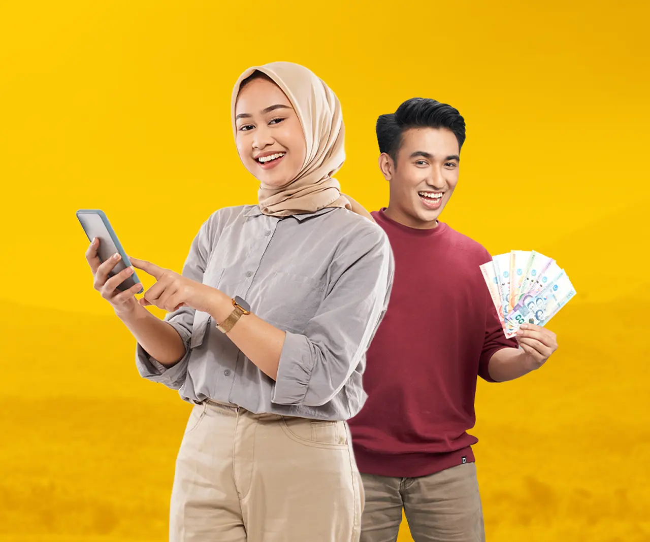 A woman holding a phone standing in front of a U Store with the sign Cash-in Here