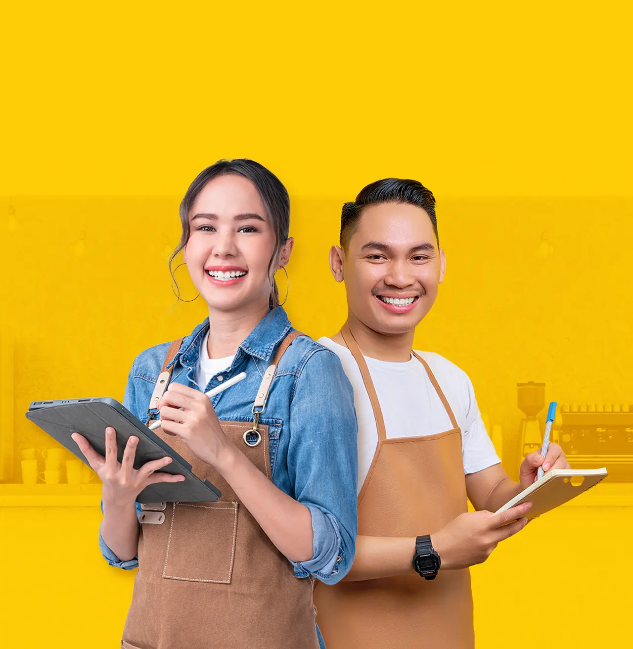 Image of a smiling woman and a man, who look like business people.