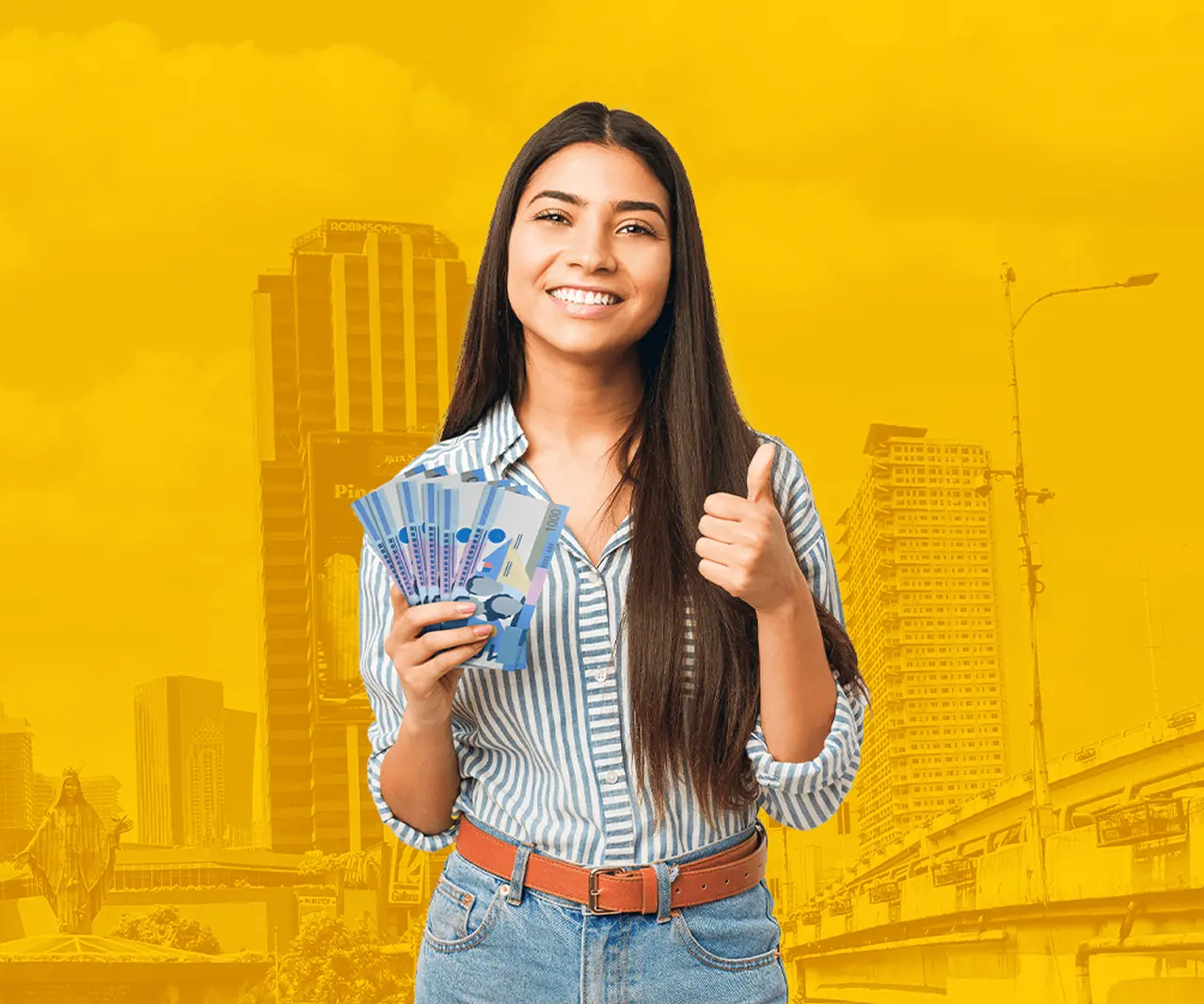 A young woman holding several PHP 1,000 in cash in her right hand while making an OK sign with her left hand