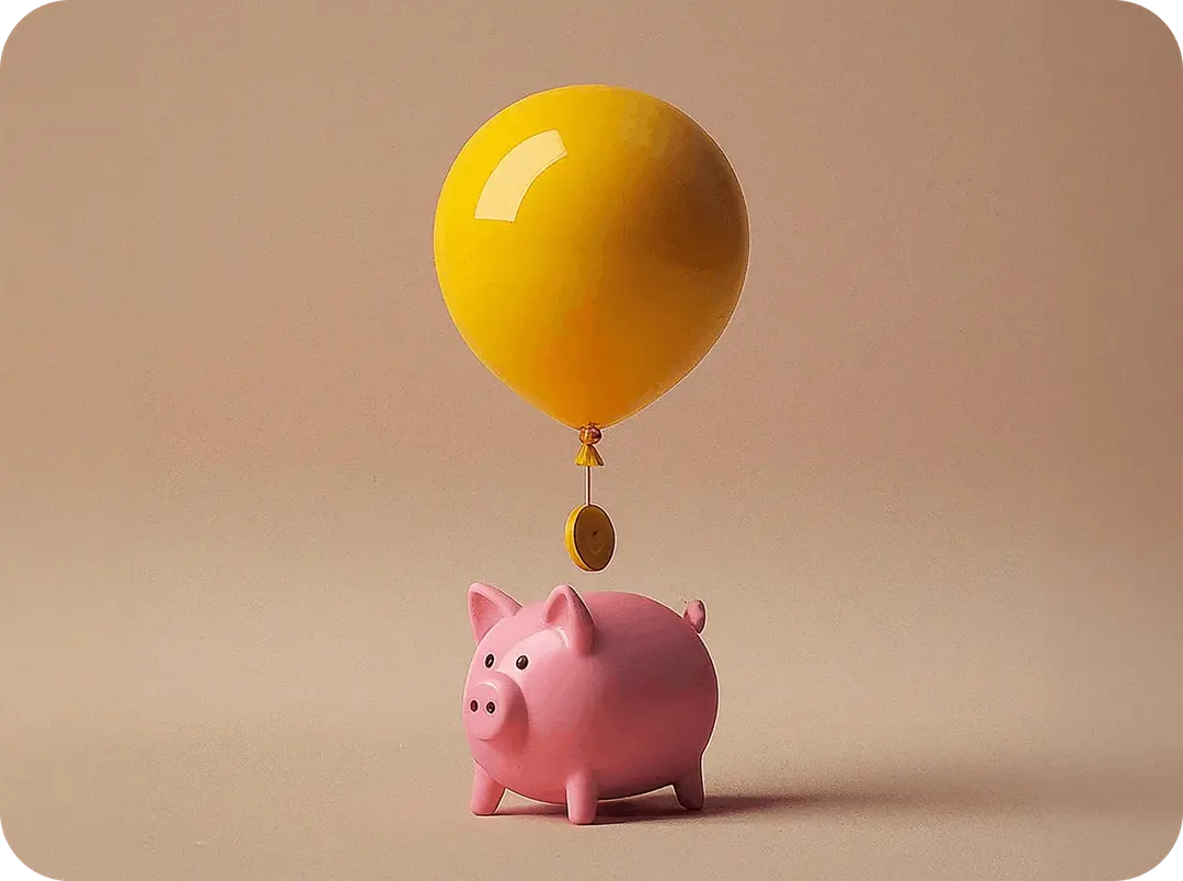  Image of a piggy bank and a coin, above it, tied to a balloon.