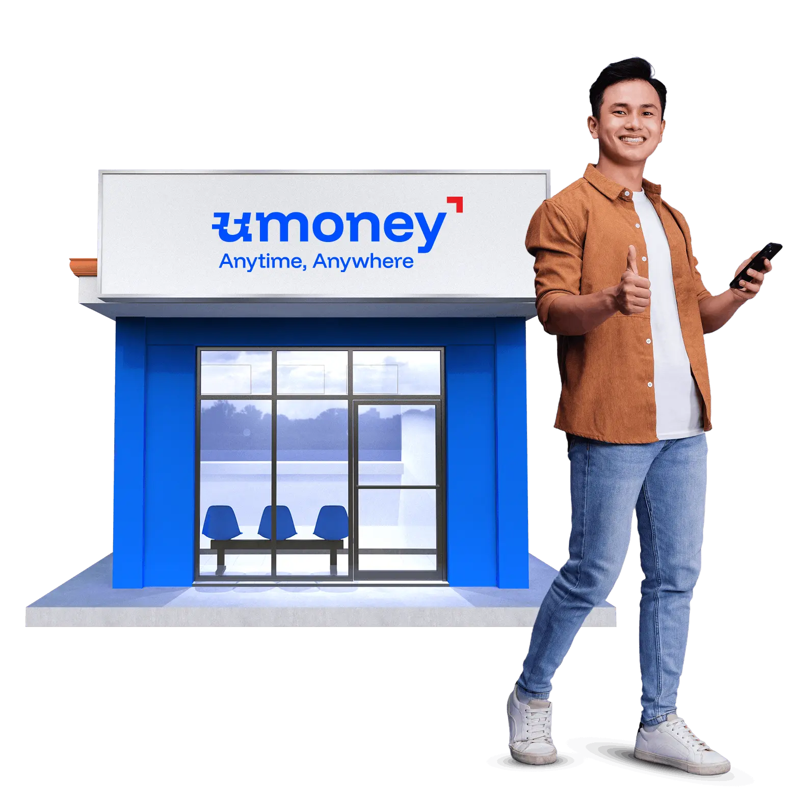 A guy outside a U Store branch holding his cellphone while making an OK sign