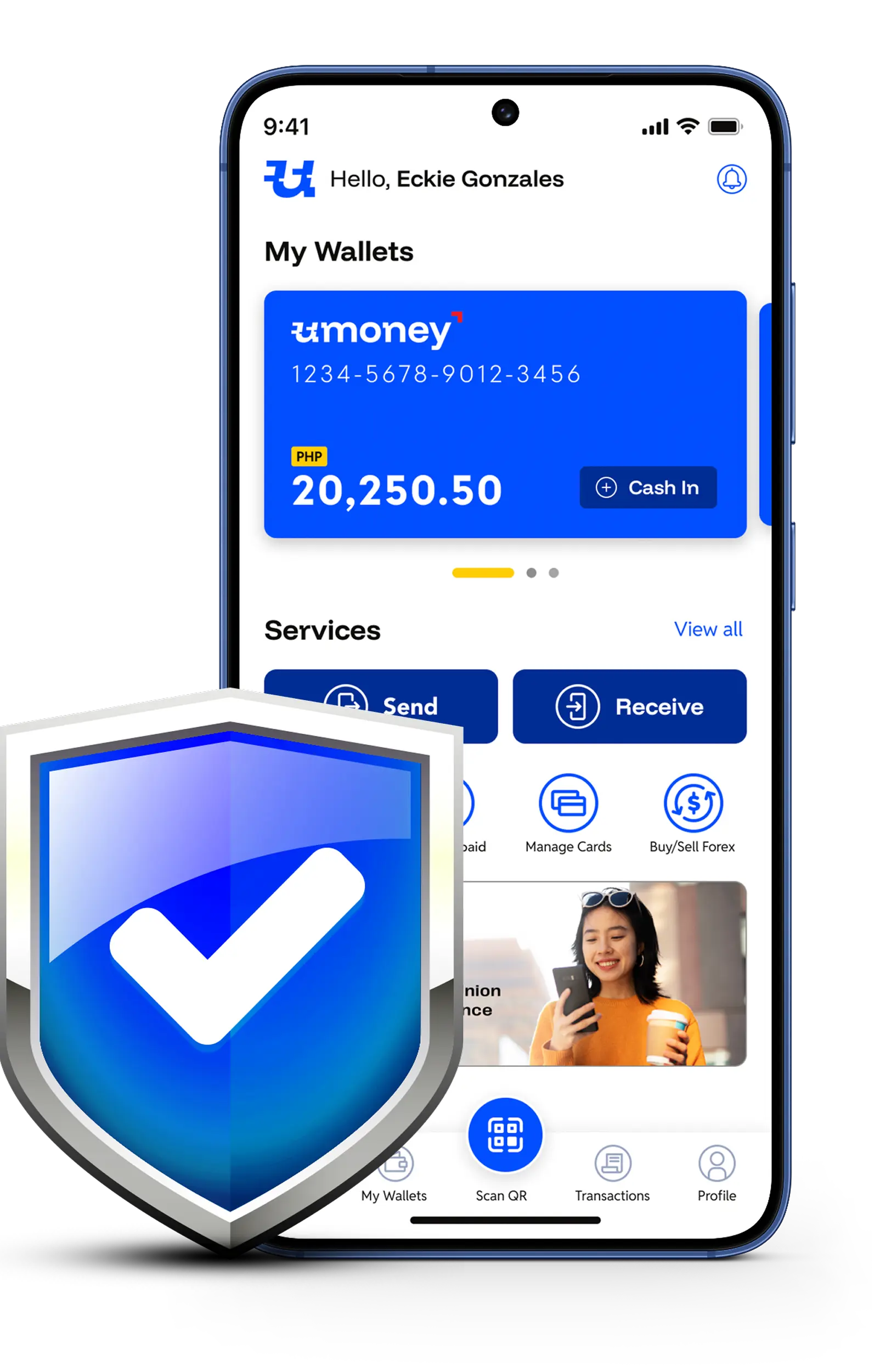 Shield protecting a phone — U Money App transaction protection