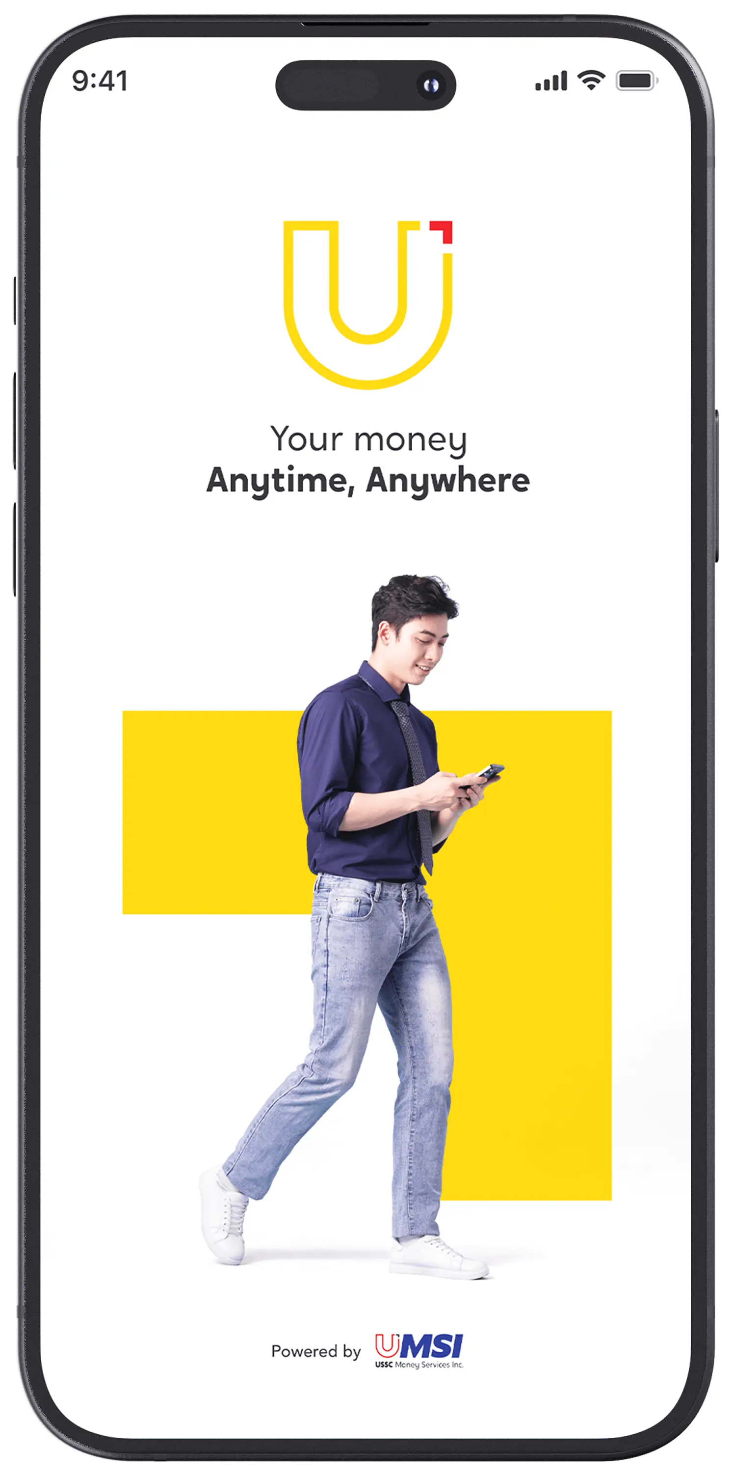 An image of a cellphone with a young man on the screen, accompanied by the USSC logo and the USSC tagline Your money anytime, anywhere
