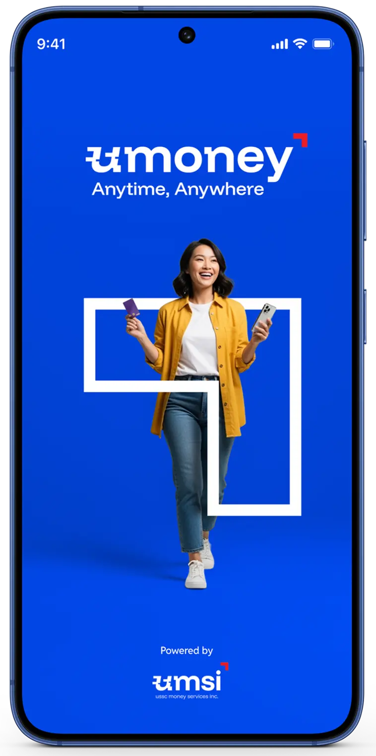 An image of a cellphone with a young man on the screen, accompanied by the USSC logo and the USSC tagline Your money anytime, anywhere