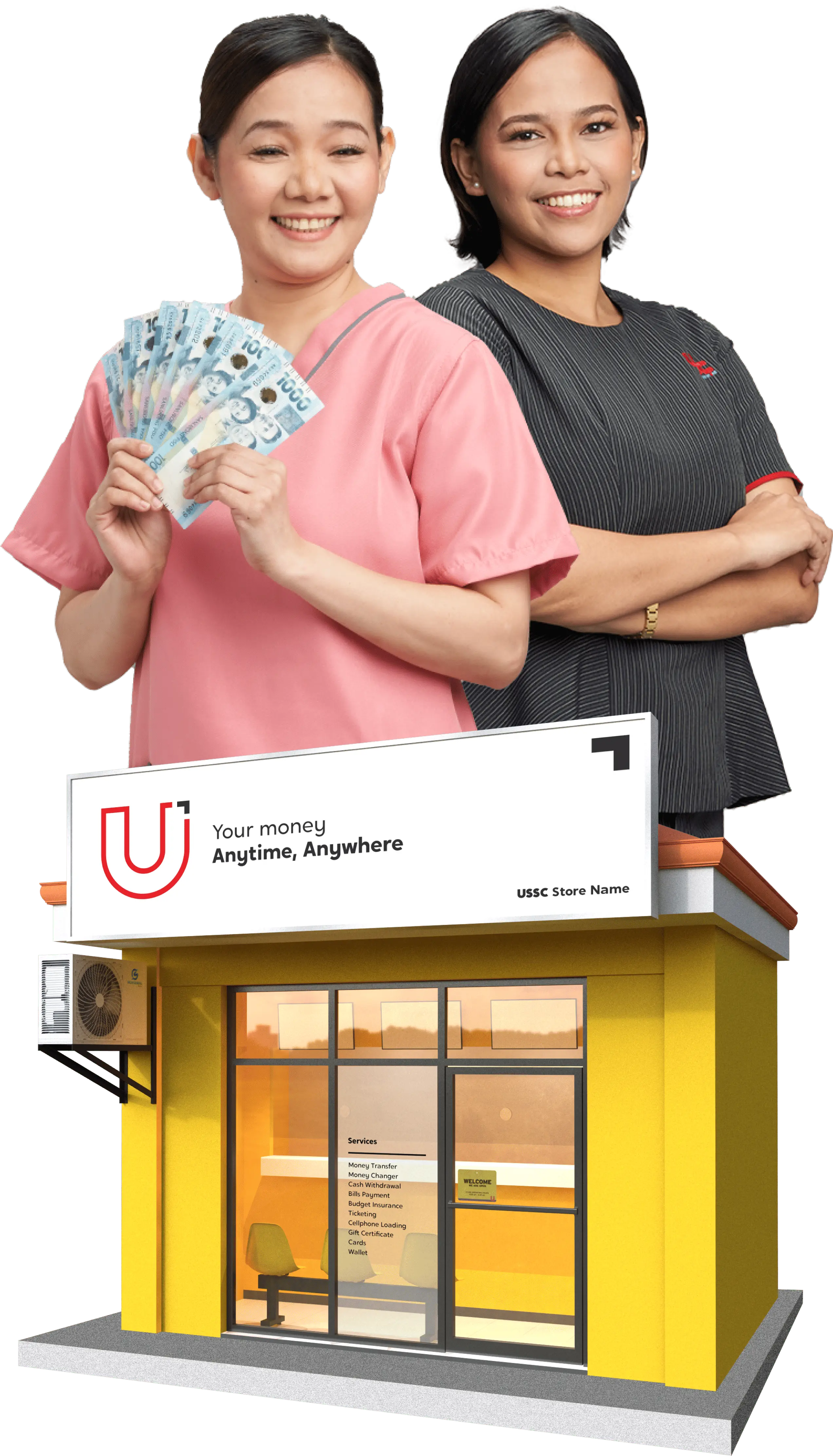An image of two women pleased with the service of U, with a U Store also included in the frame.