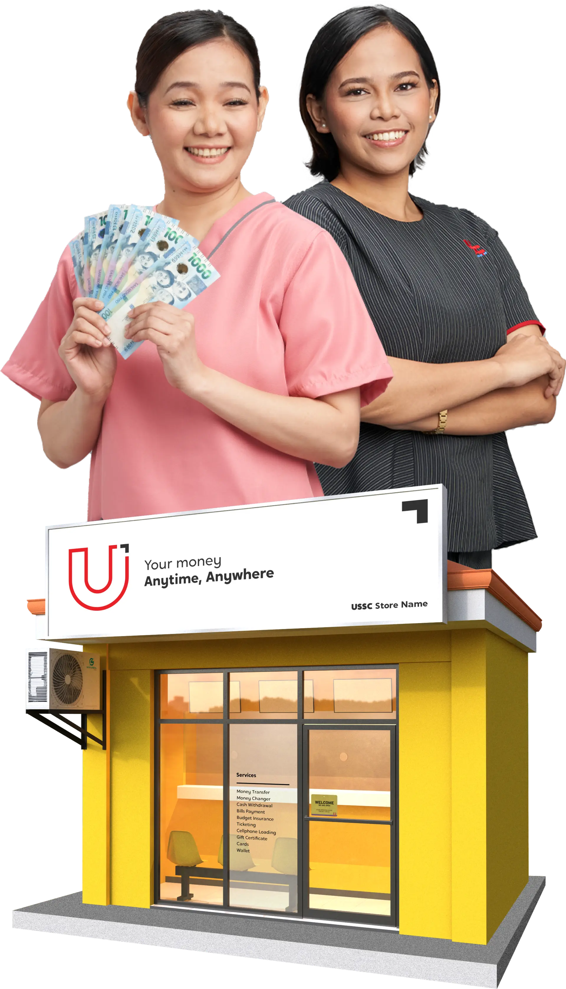 An image of two women pleased with the service of U, with a U Store also included in the frame.