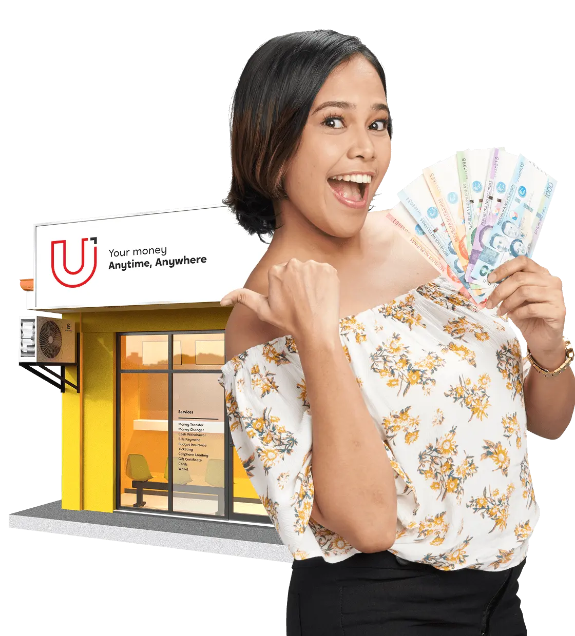 A happy young woman holding several PHP 1,000 in cash while the U Store is visibly behind her